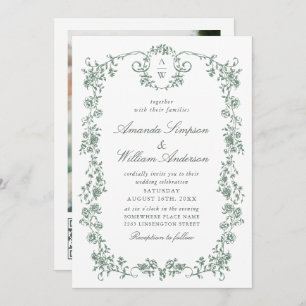 Victorian Ornate Grace Green Photo QR code Wedding Invitation