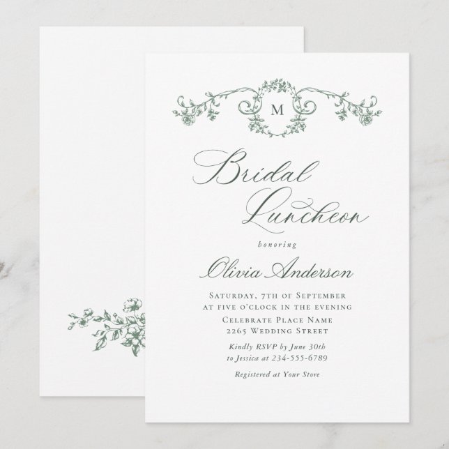 Victorian Ornate Grace Sage Green BRIDAL LUNCHEON Invitation (Front/Back)