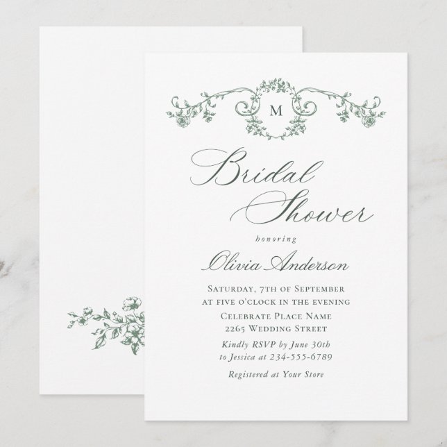 Victorian Ornate Grace Sage Green BRIDAL SHOWER Invitation (Front/Back)