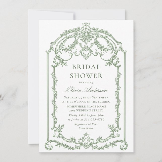 Victorian Ornate Grace Sage Green Bridal Shower Invitation (Front)