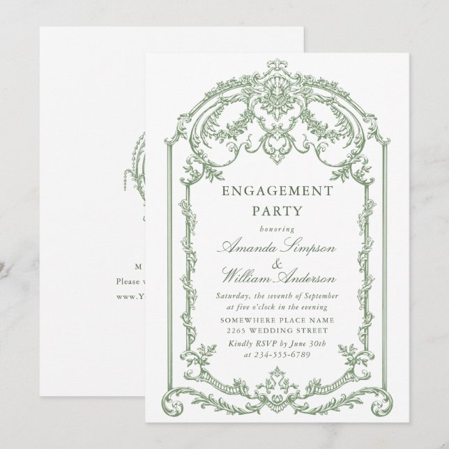 Victorian Ornate Grace Sage Green ENGAGEMENT PARTY Invitation (Front/Back)