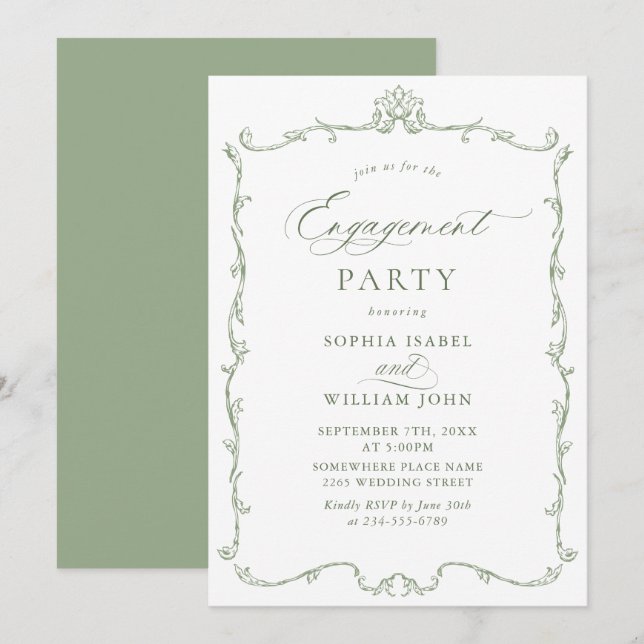 Victorian Ornate Grace Sage Green ENGAGEMENT PARTY Invitation (Front/Back)