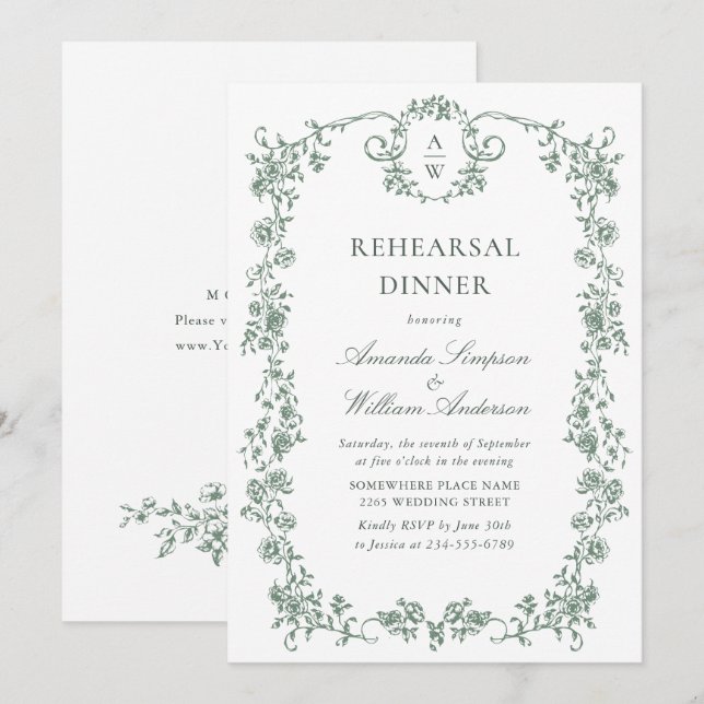 Victorian Ornate Grace Sage Green Rehearsal Dinner Invitation (Front/Back)