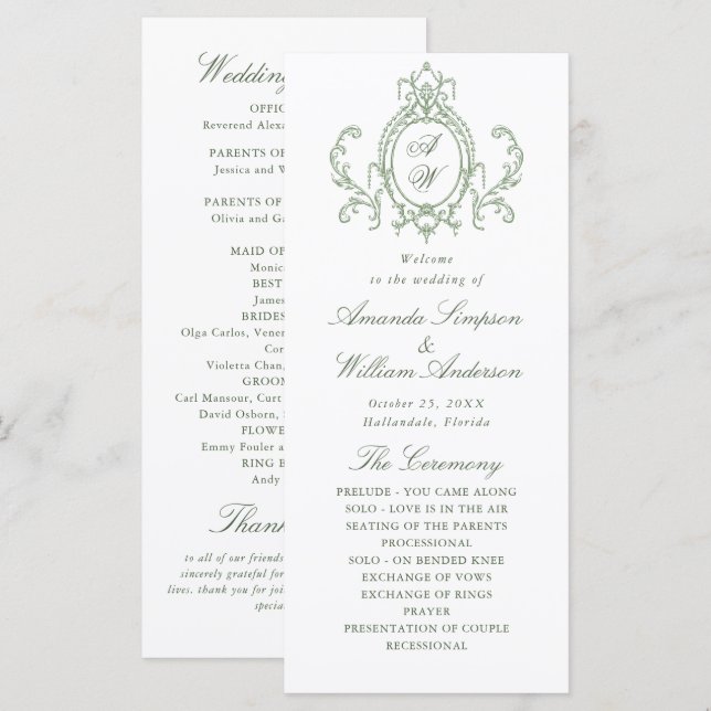 Victorian Ornate Grace Sage Green Wedding Ceremony Program (Front/Back)