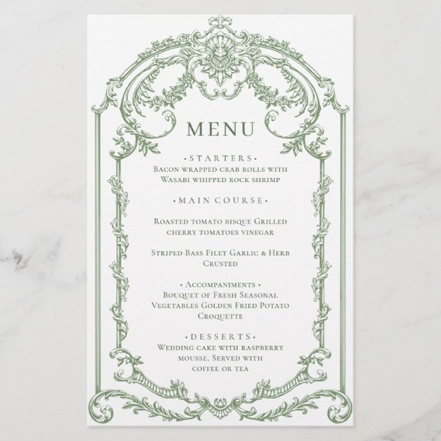 Victorian Ornate Grace Sage Green Wedding Menu (Front)