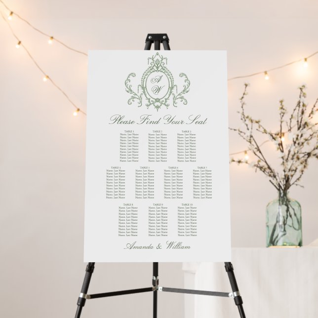 Victorian Ornate Green 10 Tables SEATING CHART Foam Board (In Situ (Stand))