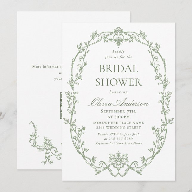 Victorian Ornate Sage Green Bridal Shower QR code Invitation (Front/Back)