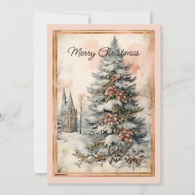 Victorian Outdoor Decorated Christmas Tree Church  Holiday Card (Front)