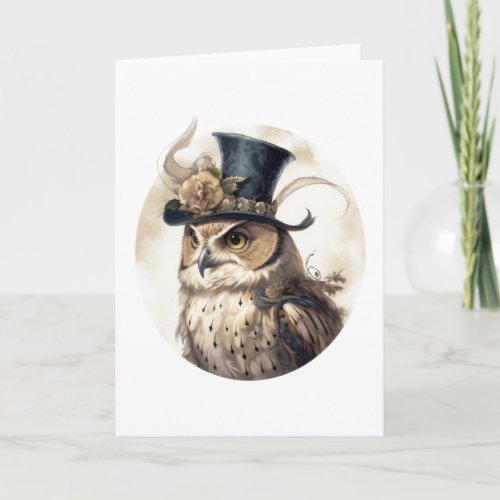 Victorian Owl Aristocrat Portrait Dark Hat Flowers Card