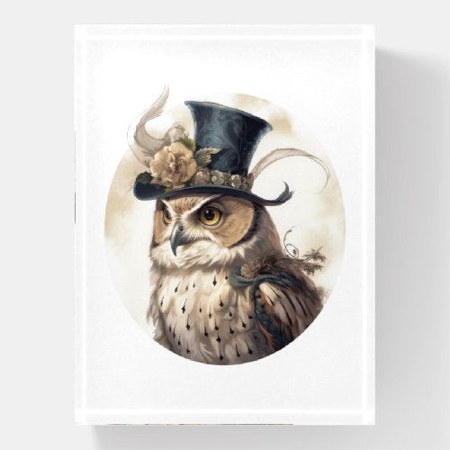 Victorian Owl Aristocrat Portrait Dark Hat Flowers Paperweight
