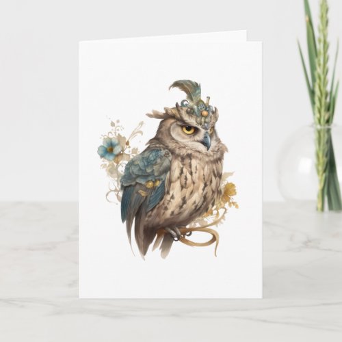 Victorian Owl Aristocrat Portrait Pale Blue Flower Card