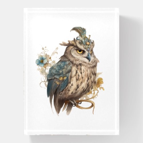Victorian Owl Aristocrat Portrait Pale Blue Flower Paperweight