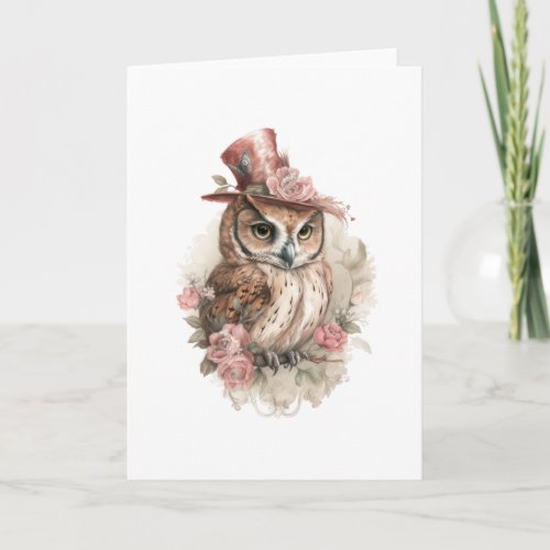 Victorian Owl Aristocrat Portrait Pink Hat Flowers Card