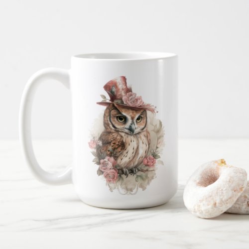 Victorian Owl Aristocrat Portrait Pink Hat Flowers Coffee Mug