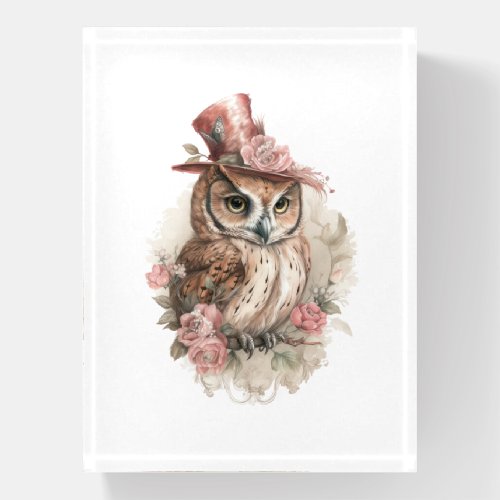 Victorian Owl Aristocrat Portrait Pink Hat Flowers Paperweight