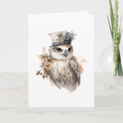 Victorian Owl Aristocrat Portrait Top Hat Flowers Card