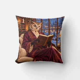 Victorian Owl Lady Reading Cozy Winter Library Throw Pillow