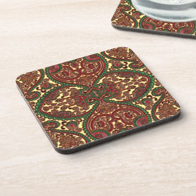 Victorian paisley pattern elegant red green gold beverage coaster (Left Side)