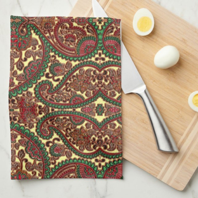 Victorian paisley pattern elegant red green gold kitchen towel (Creator Uploaded)