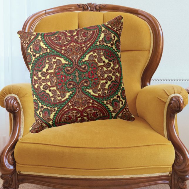 Victorian paisley pattern elegant red green gold throw pillow (Creator Uploaded)