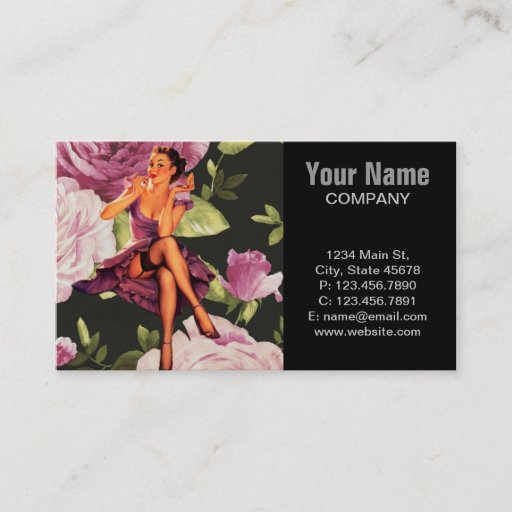 Customizable cute purple rose pin up girl vintage fashion business card