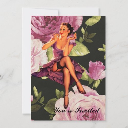 victorian Paris Botanical purple Rose Pin Up Girl Invitation