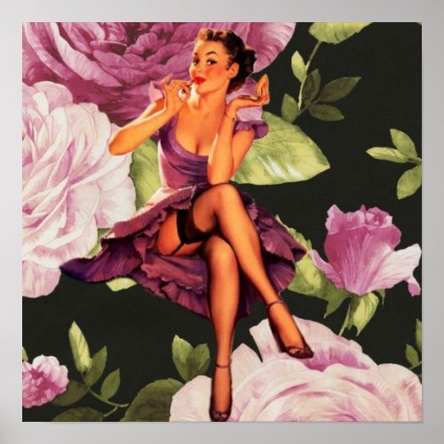 victorian Paris Botanical purple Rose Pin Up Girl Poster