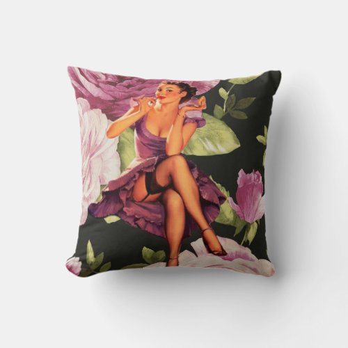 victorian Paris Botanical purple Rose Pin Up Girl Throw Pillow