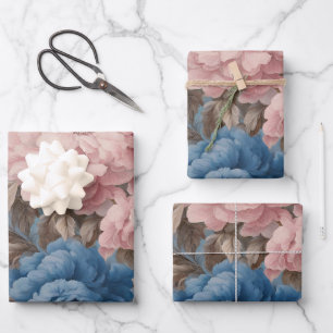 Victorian Pastel Blue And Pink Blossoms Wrapping Paper Sheets