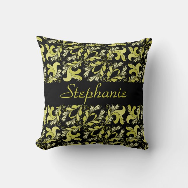 Victorian pattern, yellow, black, personalized throw pillow (Front)