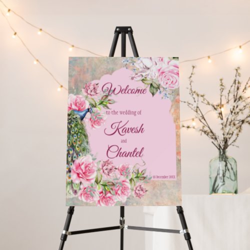 Victorian peacock and pink roses pink background foam board