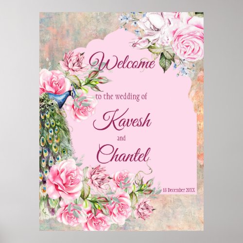 Victorian peacock and pink roses pink background poster