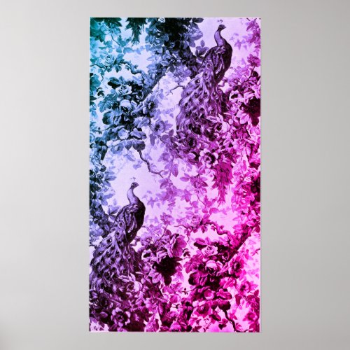 Victorian peacock floral elegant toile pink purple poster