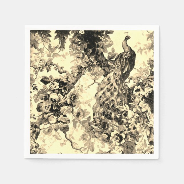 Victorian peacock floral toile elegant cream black napkins (Front)