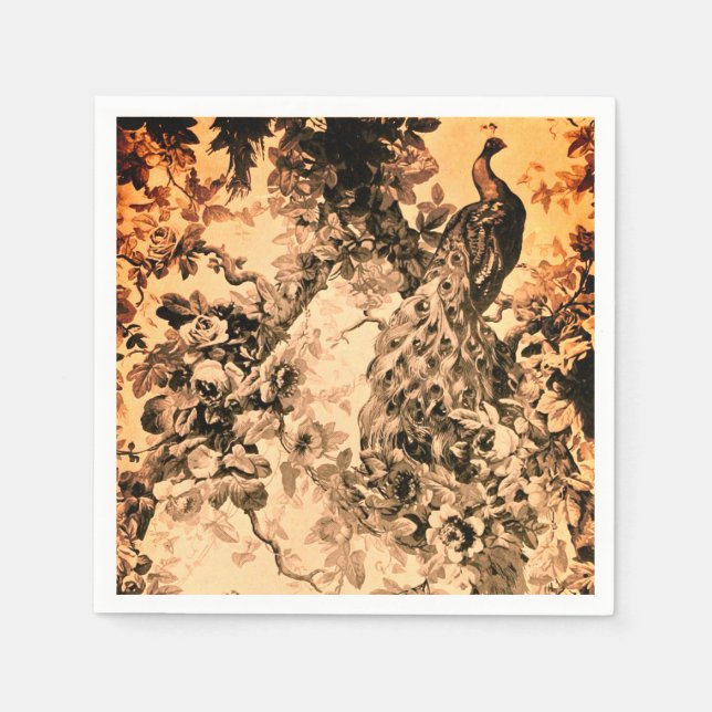 Victorian peacock floral toile elegant peach blacc napkins (Front)