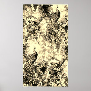 Victorian peacock floral toile pattern gold black poster