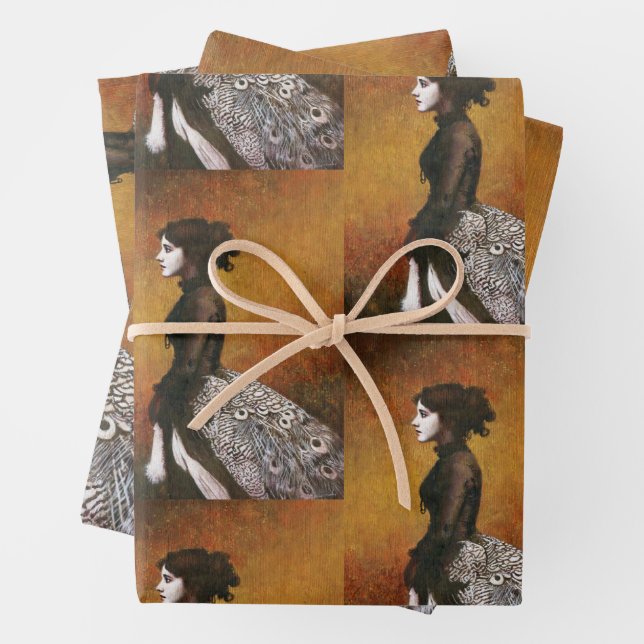 Victorian Peacock Girl Wrapping Paper (In situ)