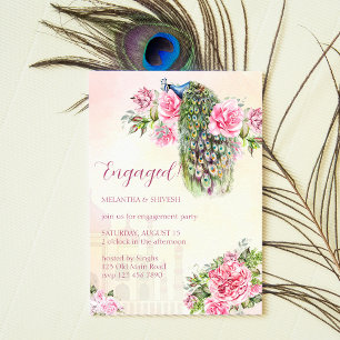 Victorian peacock vintage pink roses engagement invitation