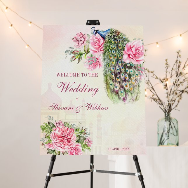 Victorian peacock vintage pink roses welcome foam board (In Situ (Stand))