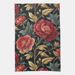 Victorian Peony Botanical Pattern Kitchen Towel
