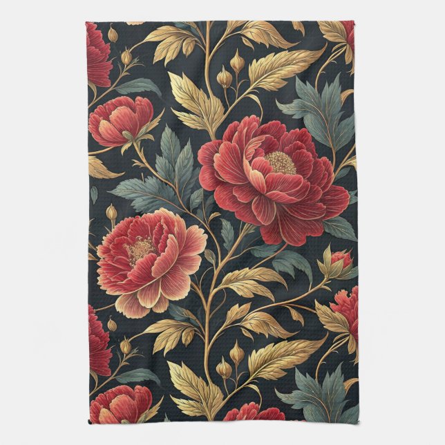 Victorian Peony Botanical Pattern Kitchen Towel (Vertical)