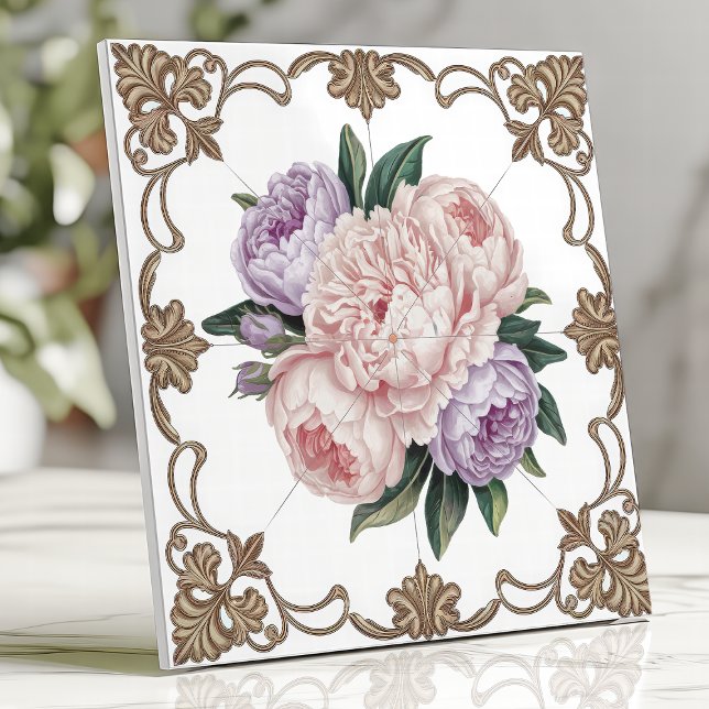 Victorian Peony Bouquet with Gold Scrollwork Ceramic Tile (Creator Uploaded)