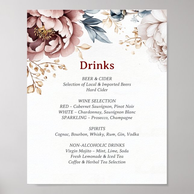 Victorian Peony Luxe Drinks Menu Poster (Front)