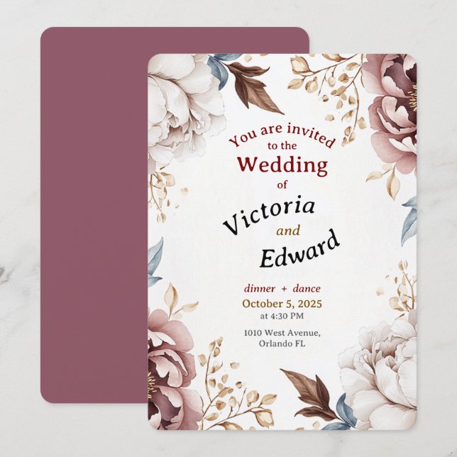 Victorian Peony Luxe Wedding Invitation Card (Front/Back)