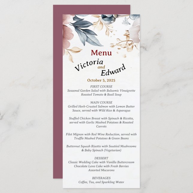 Victorian Peony Luxe Wedding Menu Card (Front/Back)