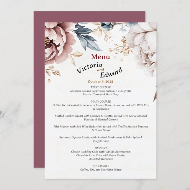 Victorian Peony Luxe Wedding Menu Card 5"x7" (Front/Back)