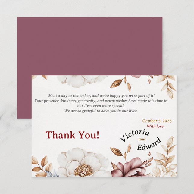 Victorian Peony Luxe Wedding Thank You Card (Front/Back)