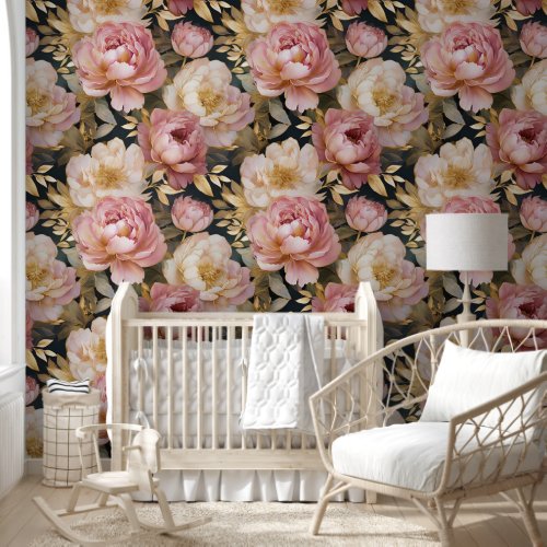 Victorian Peony Pink White Floral Outlined in Gold Wallpaper