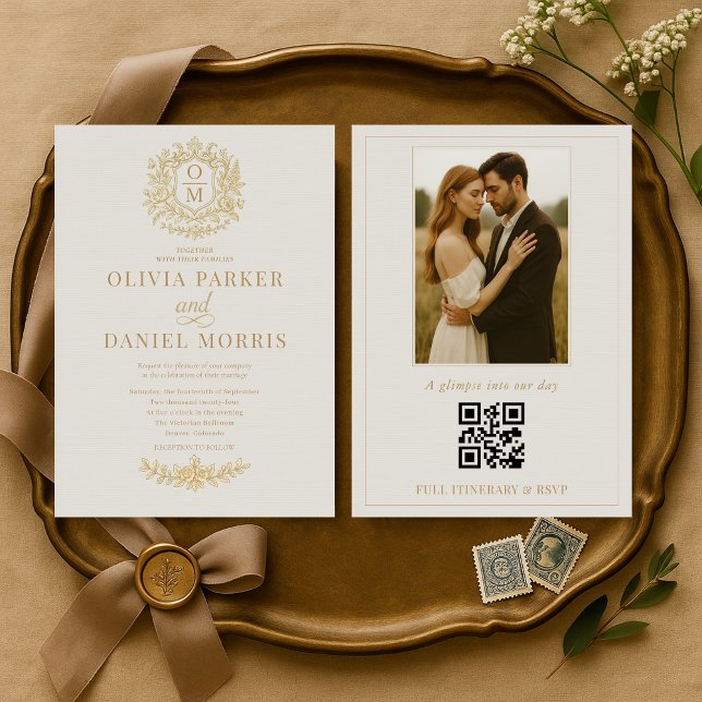 Victorian Photo QR Code Floral Elegant Wedding Invitation (Creator Uploaded)