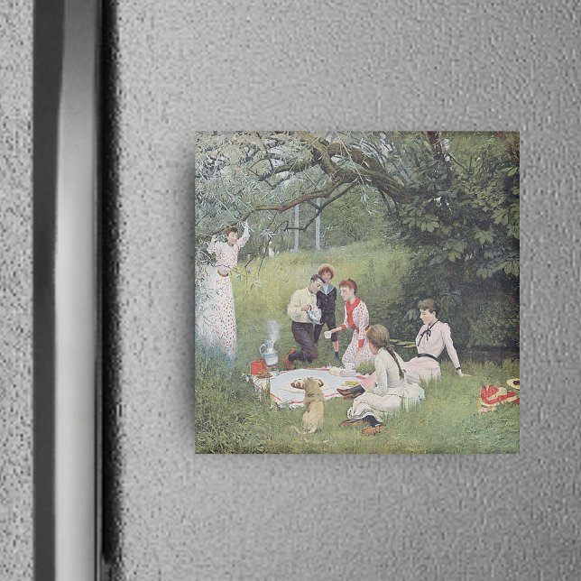 Victorian Picnic Magnet (Vintage image of Victorian family out in woods with dog for family picnic on square magnet.)